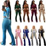 Women's Velvet Two Piece Tracksuit Set Long Sleeve Zipper Sweatshirt + Bell Bottom Pants