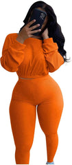 Women's Ribbed Two Piece Long Sleeve Crop Top Sweatsuit