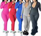 One Piece Women Sexy Bodycon Jumpsuits Clubwear - Long Sleeve Soft Zip Up V Neck