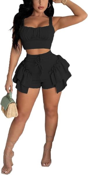 Women's Sexy Sleeveless Crop Top & Drawstring Ruffle Shorts Sets 2 Piece Tracksuit