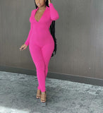 One Piece Women Sexy Bodycon Jumpsuits Clubwear - Long Sleeve Soft Zip Up V Neck