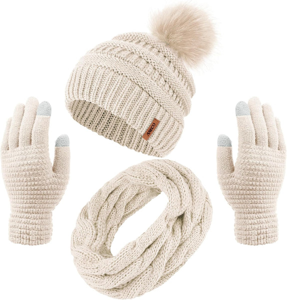 Womens Winter Warm Sets Knitted Fur Pompoms Beanie Hat